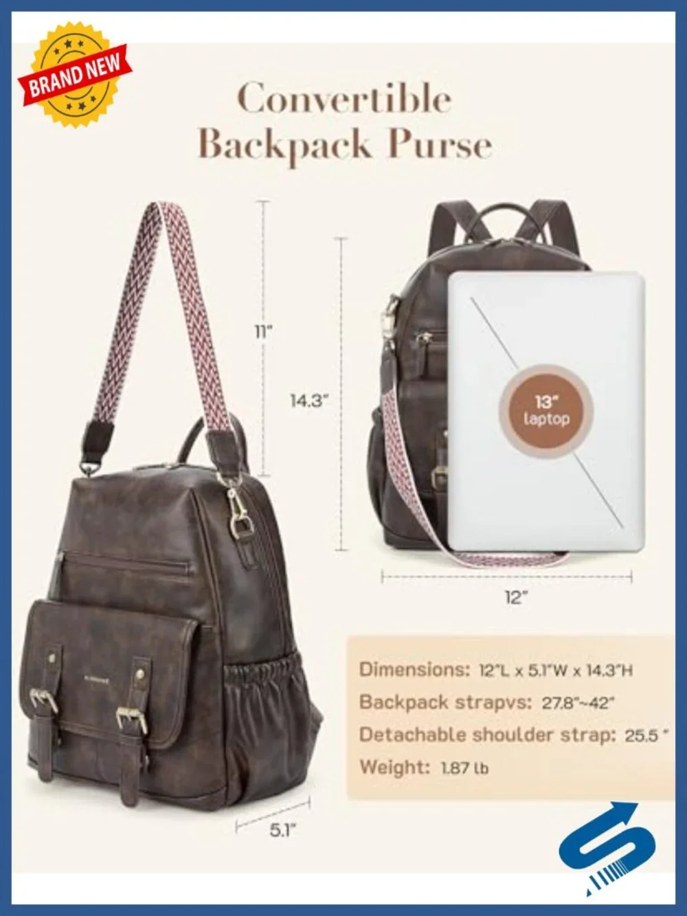 Vintage PU Leather Convertible Backpack Purse Women Travel Satchel Handbag 13